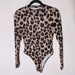 5/$25 Shein Brown Black Animal Print Mock Neck Long Sleeve Bodysuit M Mob Wife